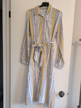 Promesa White, Yellow & Navy Striped Long-Sleeve Shirt Dress with Tie Waist